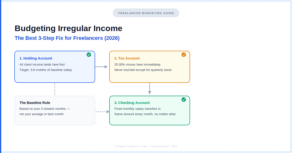 Budgeting irregular income 2026 — 3-account system explained: holding, tax, and checking accounts for freelancers