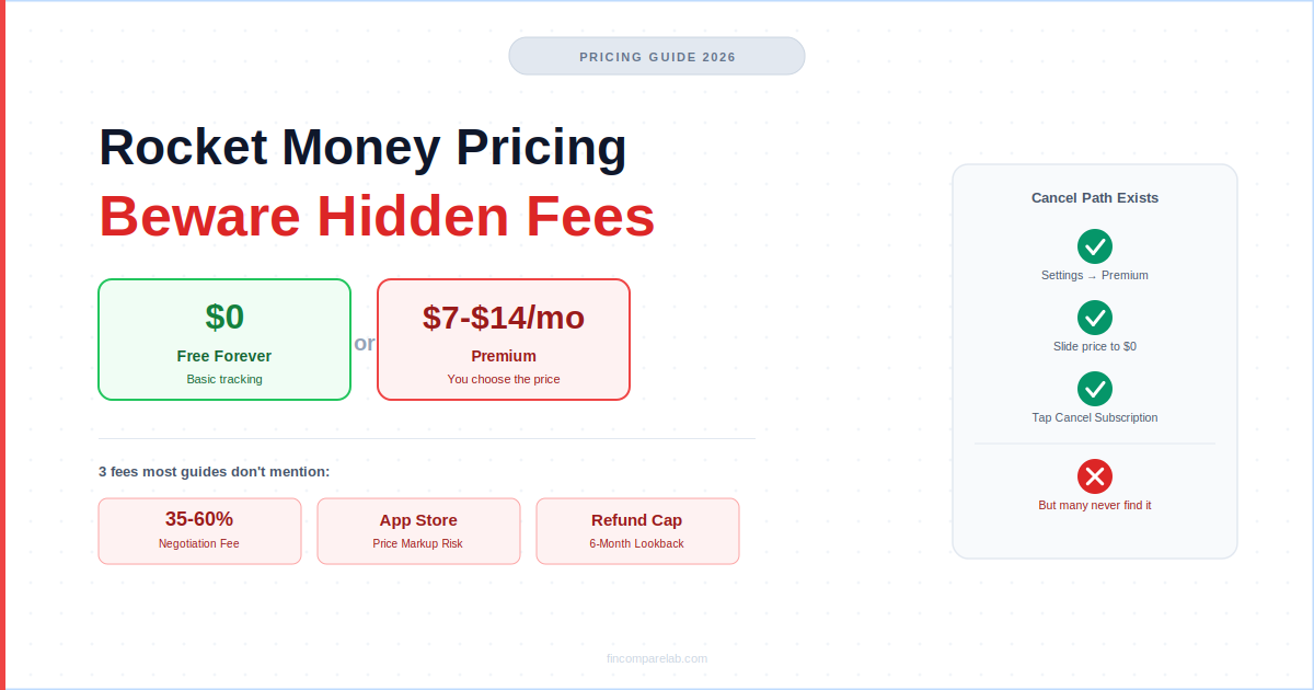 Rocket Money pricing 2026 — free vs $7-$14/month Premium, hidden fees summary