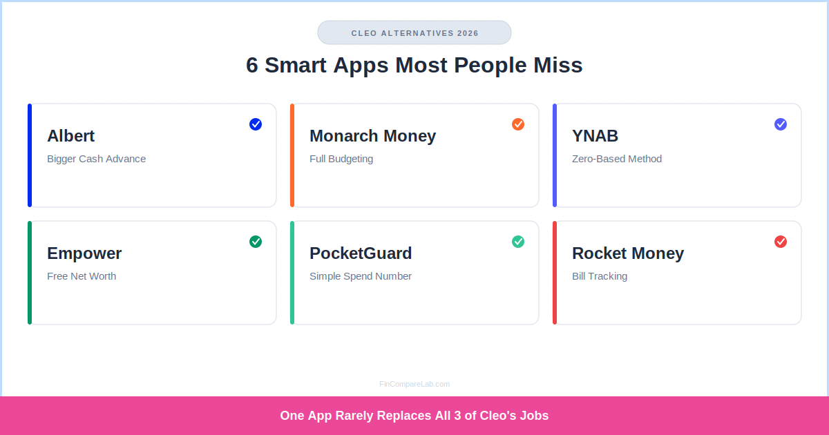 Cleo alternatives 2026 — Albert, Monarch Money, YNAB, Empower, PocketGuard, and Rocket Money compared by cash advance size, budgeting depth, and bill tracking