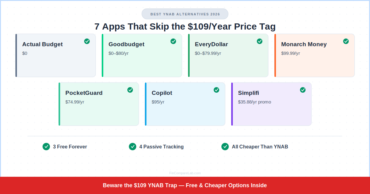 Best YNAB alternatives 2026 — Actual Budget, Goodbudget, EveryDollar, Monarch Money, PocketGuard, Copilot, and Simplifi compared by price and the $109 YNAB trap