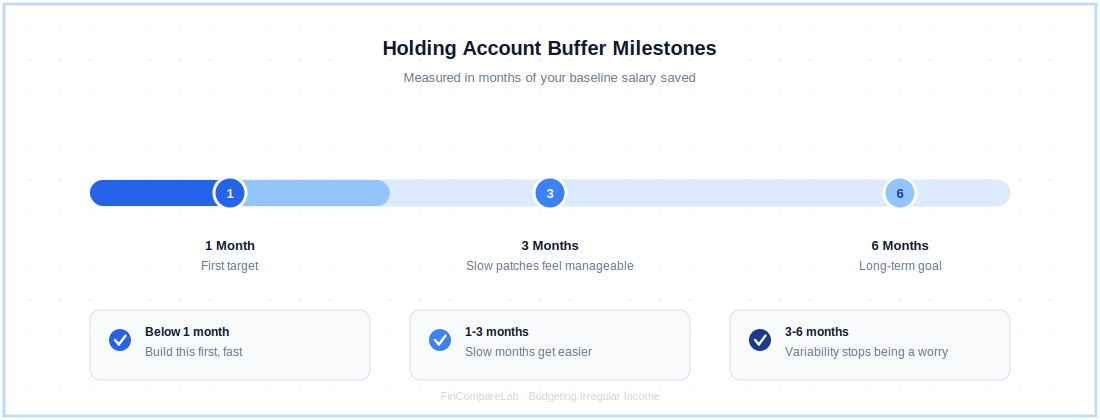 Holding account buffer milestones for budgeting irregular income — 1 month, 3 months, and 6 months of baseline salary saved
