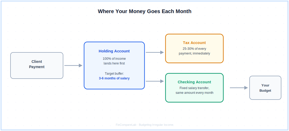 Three-account system for budgeting irregular income — client payments to holding account, then split to tax account and fixed monthly checking transfer