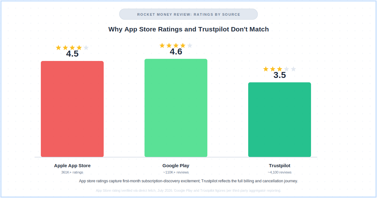 Rocket Money review 2026 — App Store, Google Play, and Trustpilot rating comparison showing the gap
