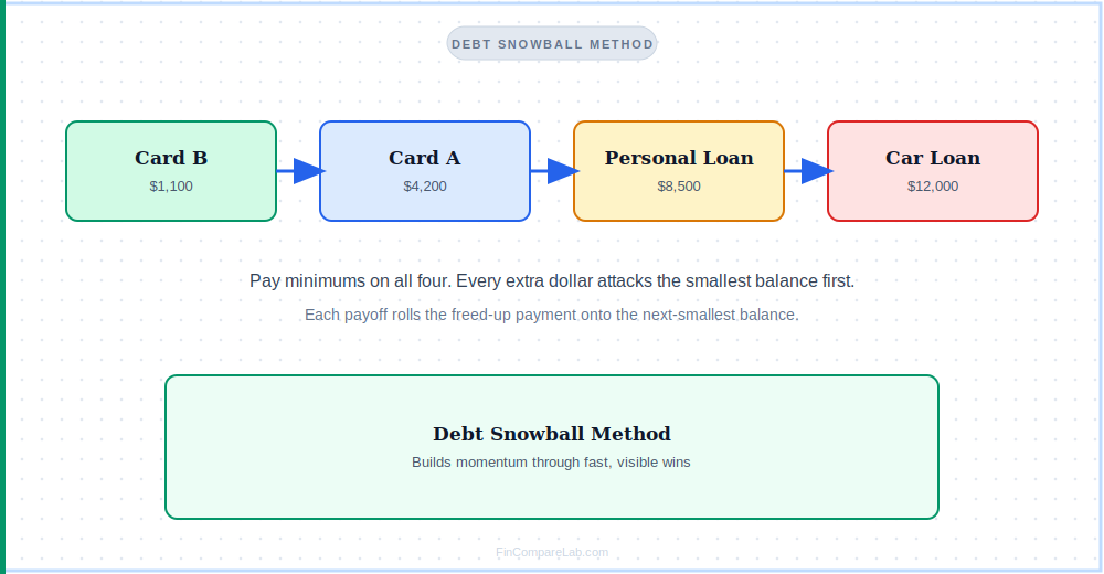 debt snowball method flow diagram ordering debts by smallest balance first