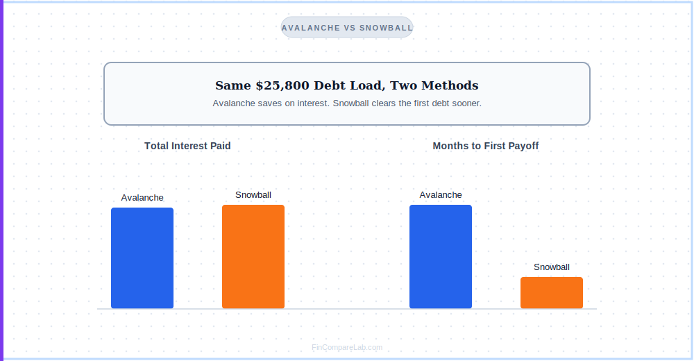 debt snowball vs avalanche total interest and payoff time comparison chart