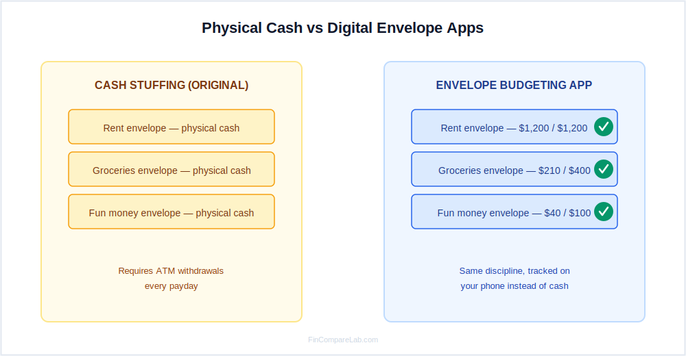 Digital envelope budgeting app diagram showing income split into category envelopes compared to physical cash envelopes