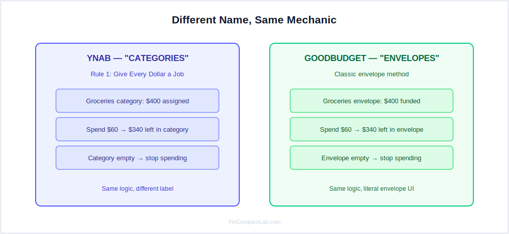 YNAB category-based budgeting concept compared side by side with literal digital envelope budgeting apps