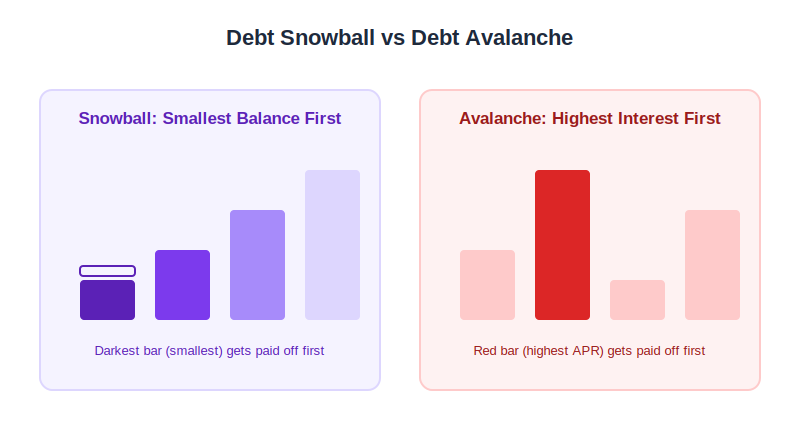 Diagram comparing the debt snowball method, which targets the smallest balance first, against the debt avalanche method, which targets the highest interest rate first