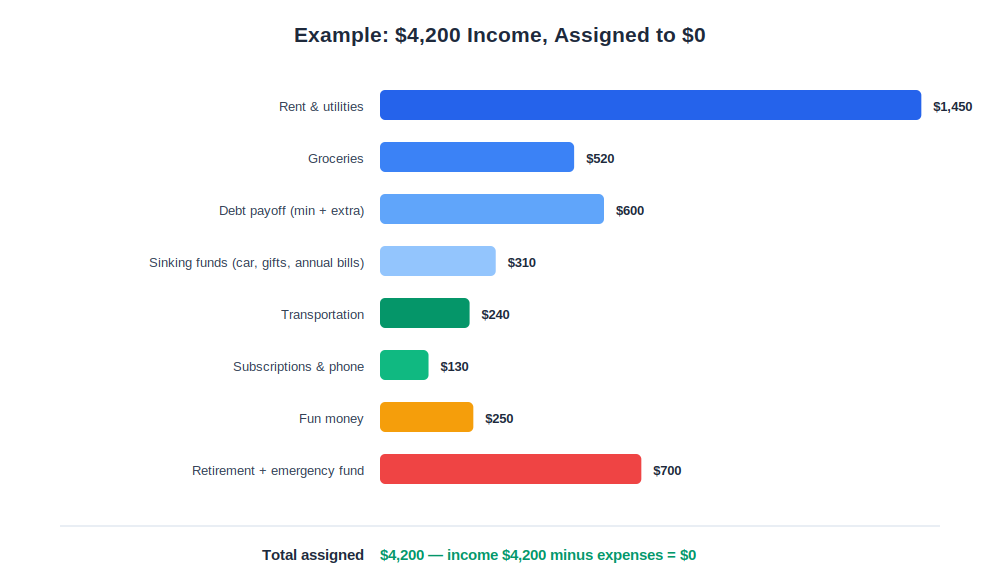 Zero based budgeting example showing a $4,200 monthly income assigned to zero across categories