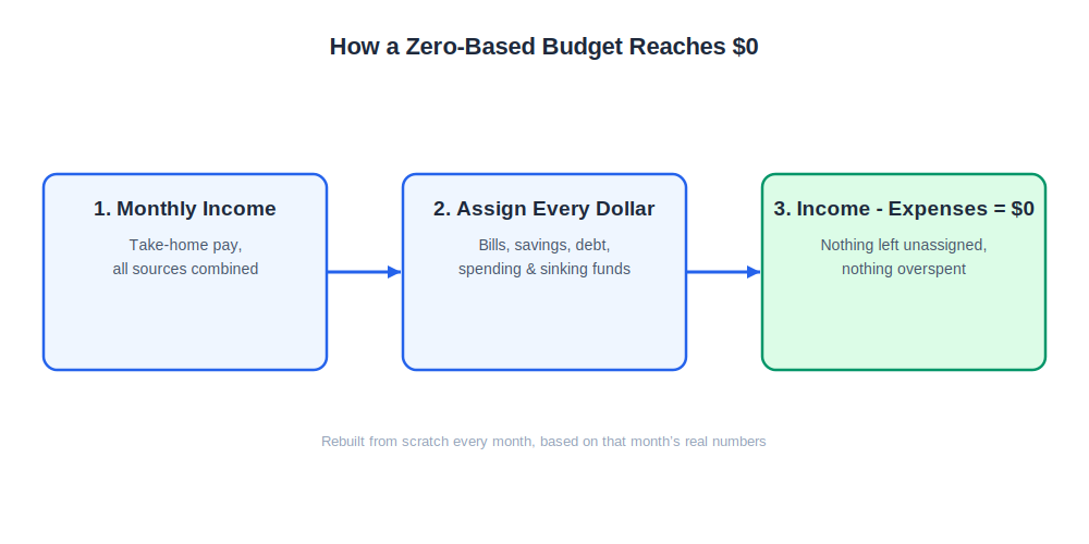 Zero based budgeting workflow diagram showing income assigned to categories until zero